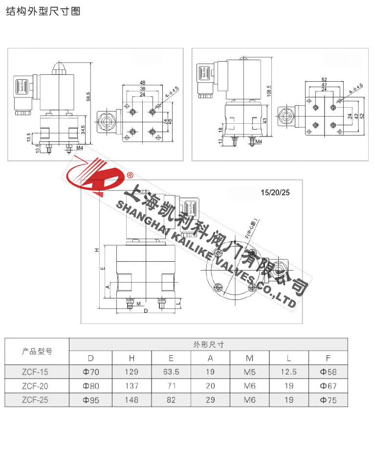 ZCF聚四氟防腐電磁閥結構尺寸圖